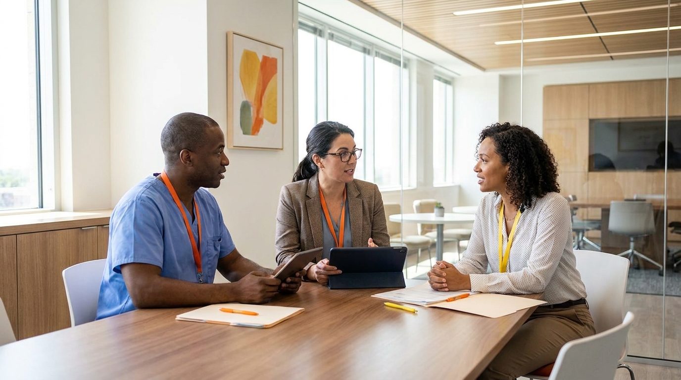 Three M-Bay specialists reviewing a claimant's file together at a boardroom table — a colleague in scrubs, an assessor with a tablet, and a report writer taking notes